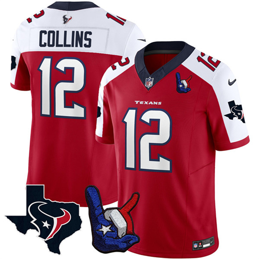 Men's Red/White Houston Texans #12 Nico Collins 2023 F.U.S.E. With Hand Sign Throwing Up The H Patch Vapor Untouchable Limited Stitched Football Jersey